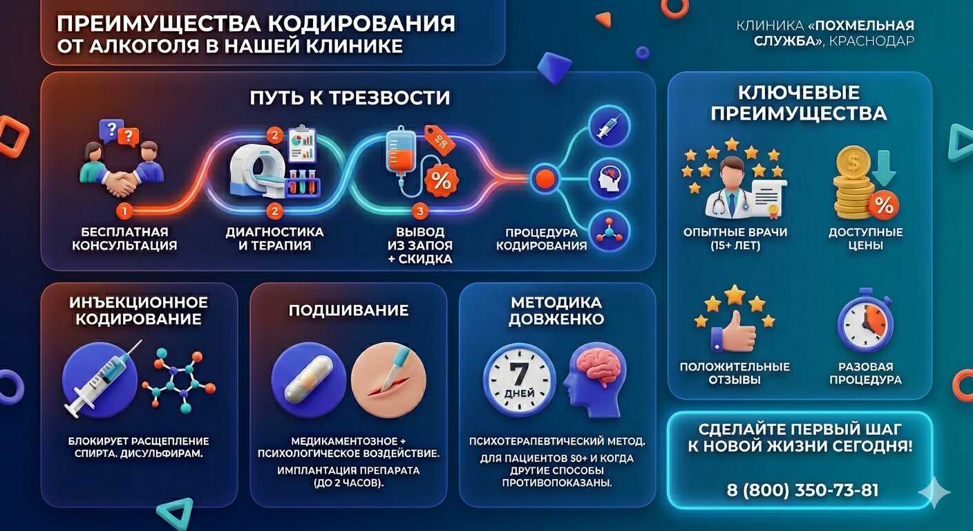 Инфографика о методах кодирования от алкоголя в Вознесенском: инъекции, подшивание, метод Довженко. Преимущества клиники и этапы лечения.