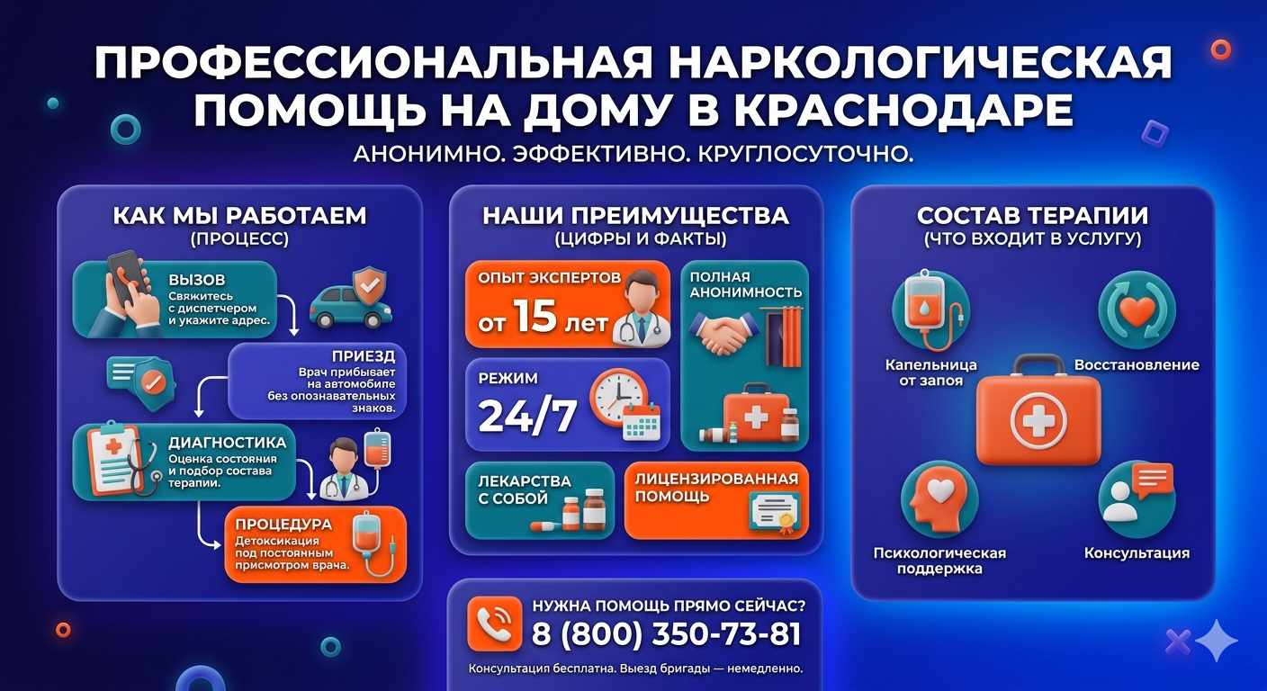 Инфографика о принципах лечения алкоголизма на дому в Вознесенском: этапы вызова нарколога, преимущества анонимной детоксикации и состав медицинской помощи.